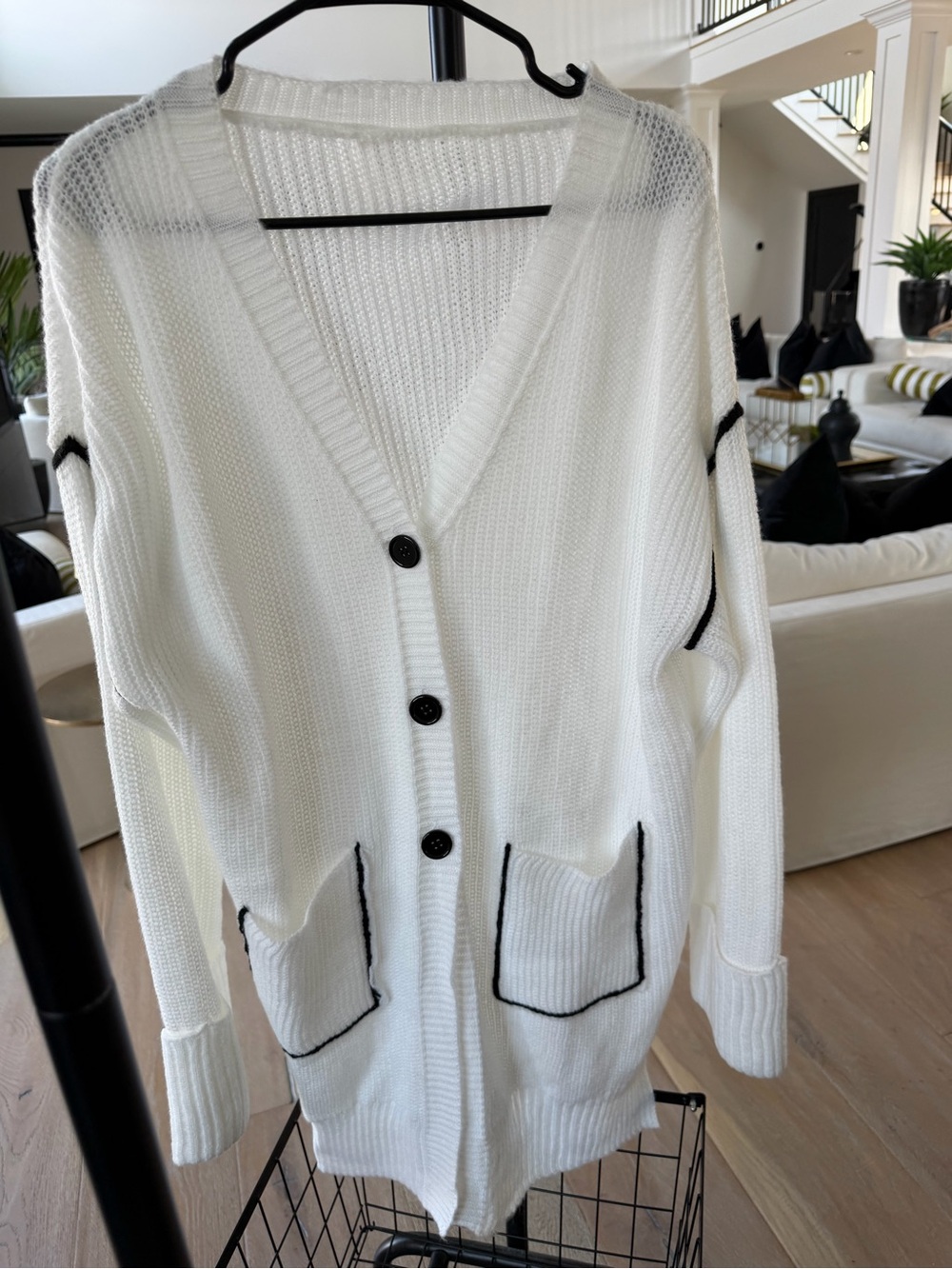 SHEIN White V-Neck Button Front Cardigan with Black Trim